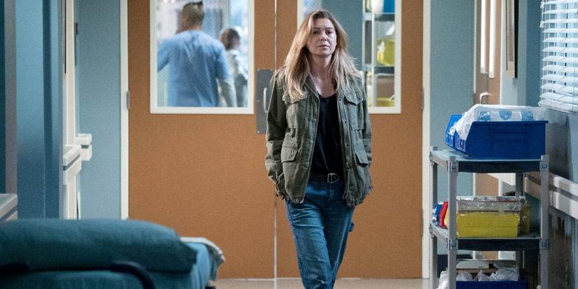 Meredith walking through the hospital on Grey's Anatomy