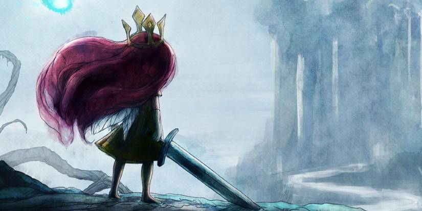 The main promotional image for Child of Light shows a pink-haired princess wielding a sword.
