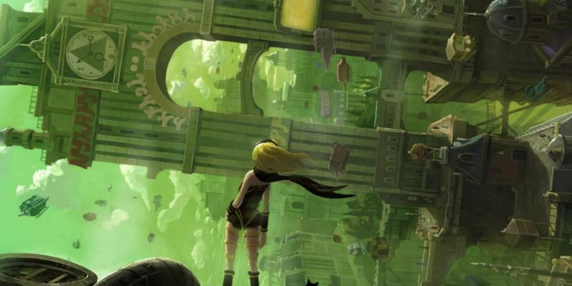 A woman looks at a sideways city in Gravity Rush