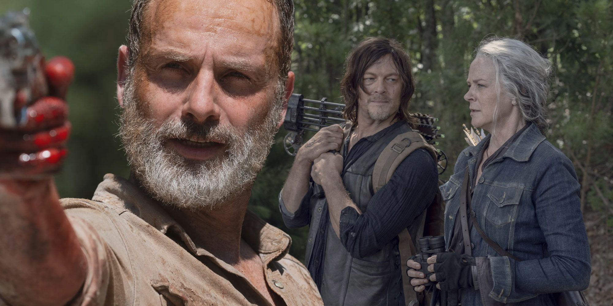 Rick Grimes (Andrew Lincoln), Daryl Dixon (Norman Reedus), and Carol Peletier (Melissa McBride) in The Walking Dead