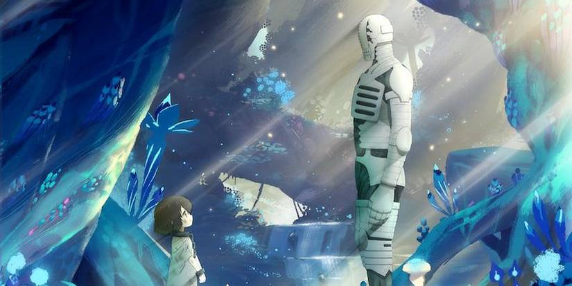 A grown man and a child look at each other in the Somali and the Forest Spirit anime