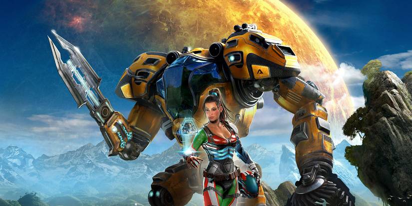 The Riftbreaker key art with a soldier in front of a yellow mech. 