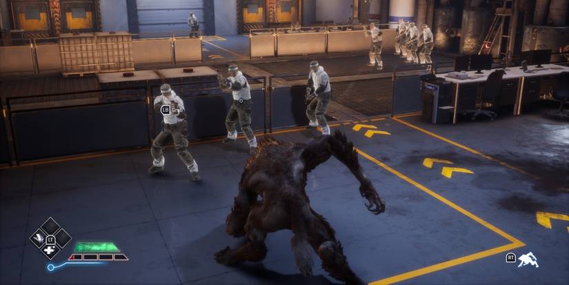 A wolf battles human opponents in Werewolf: The Apocalypse