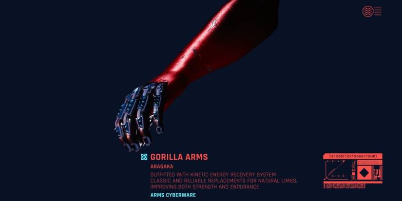 A player uses cyberware to upgrade to Gorilla Arms in Cyberpunk 2077