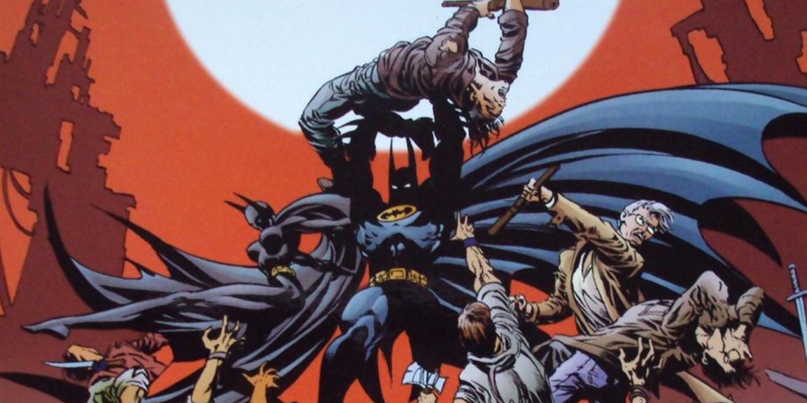 Batman Batgirl and Jim Gordon fighting gangs in Batman No Mans Land