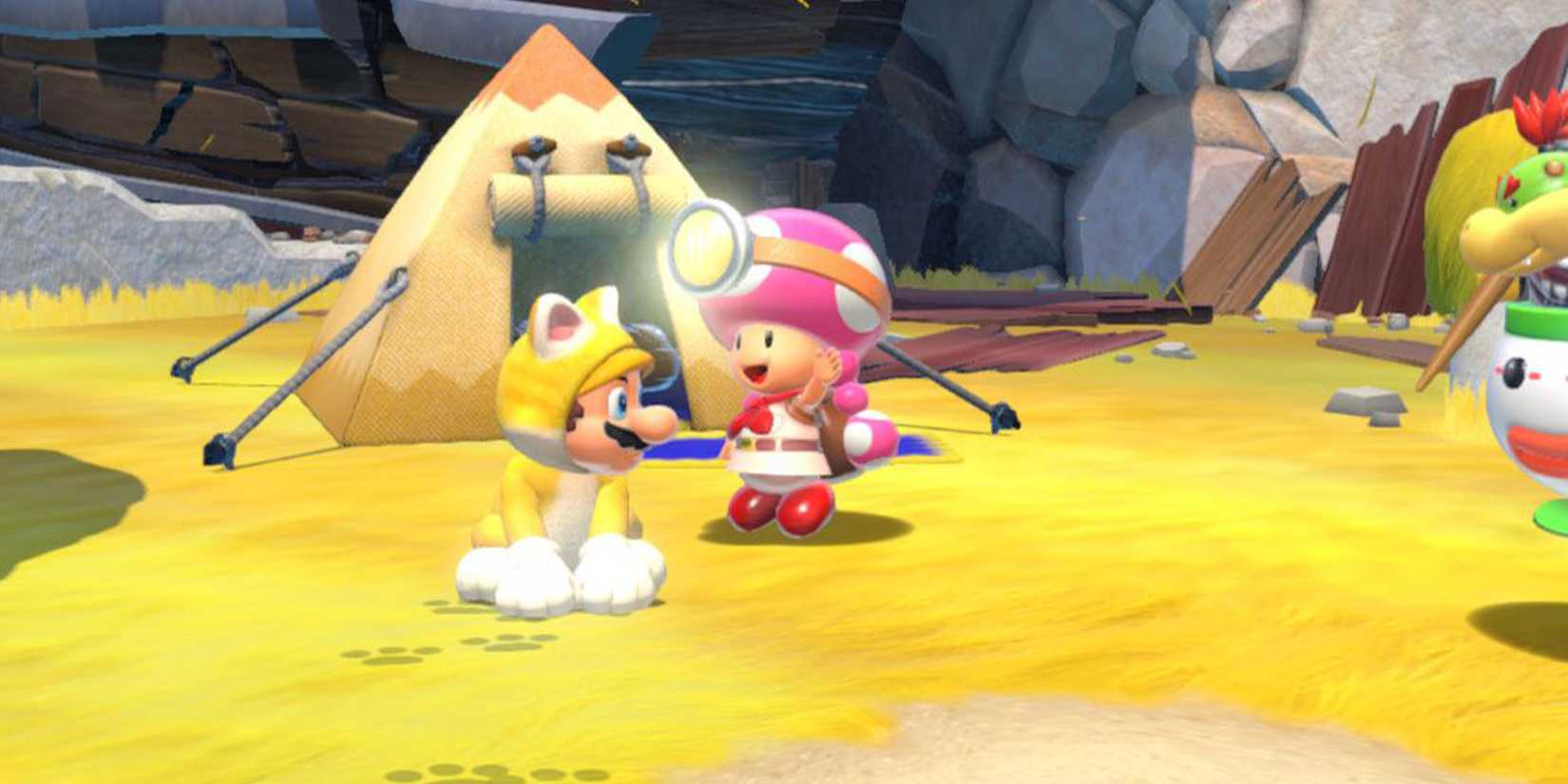 The Toad Brigade cheering in front of Mario in a cat suit