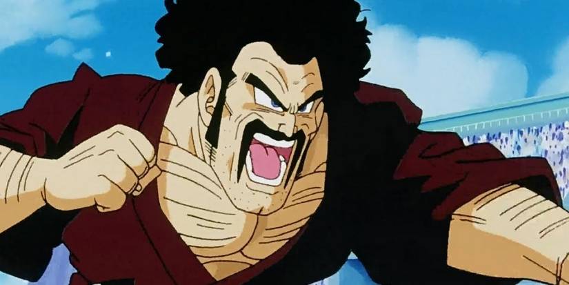 Mr. Satan in Dragon Ball punches something while he screams with a crowd behind him.