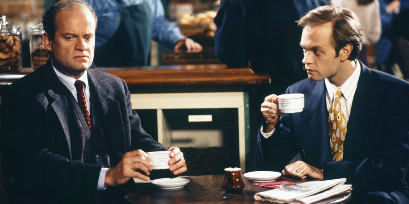 Niles and Frasier drinking coffee in Cafe Nervosa on Frasier