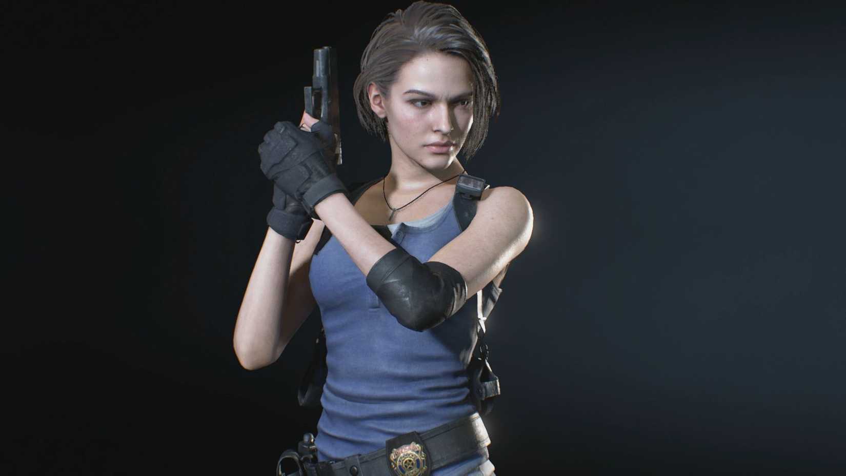 Jill in classic pose holding a pistol.