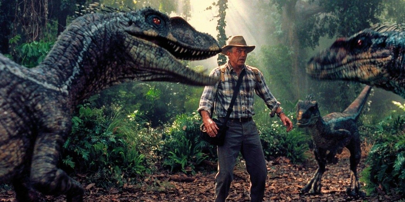 Dr.  Alan Grant surrounded by the Raptor Pack in Jurassic Park III