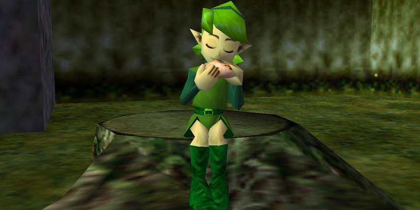 Saria sentada em um toco de árvore tocando ocarina