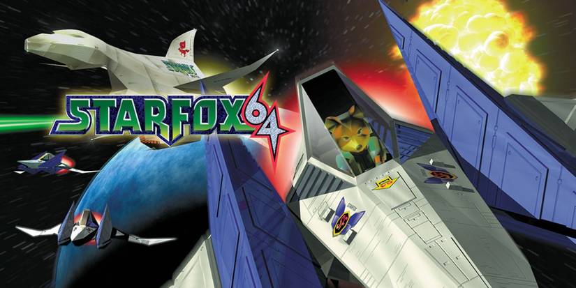 Star Fox 64 art with the logo, Fox in an Arwing with the Great Fox in the background.