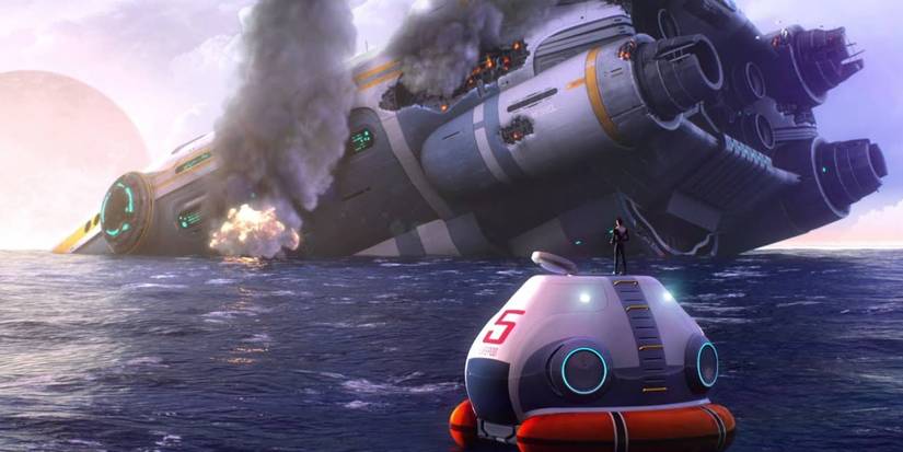 A Spaceship in Subnautica Crashing into the Ocean