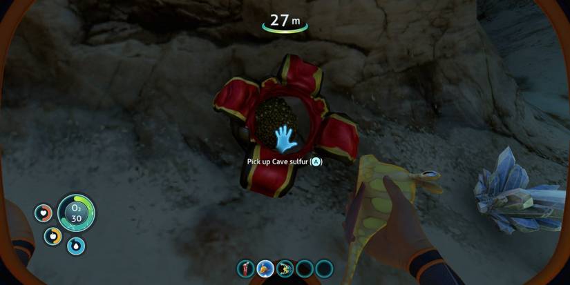 A Cave Sulfur plant and pickup icon in Subnautica