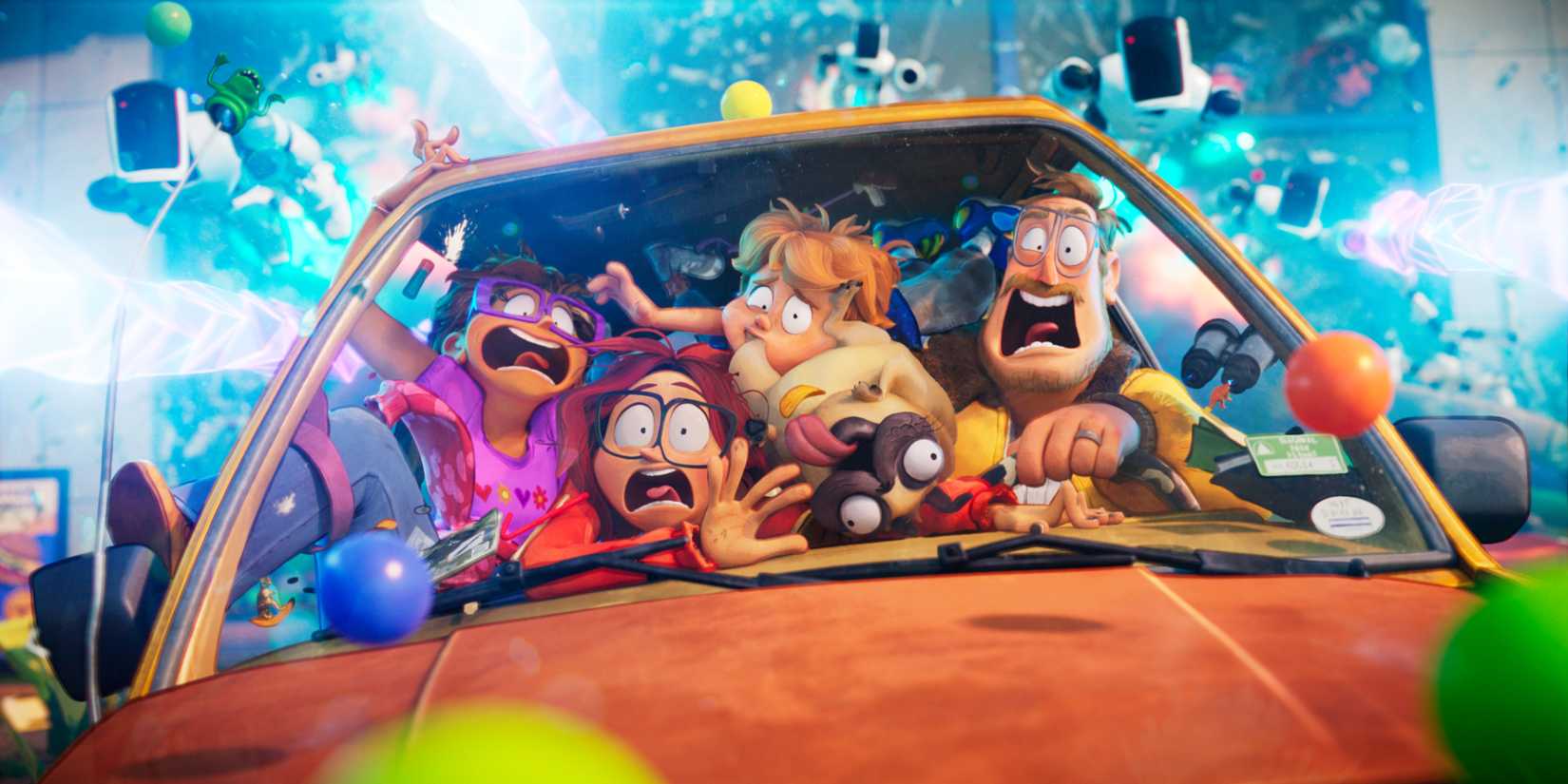 The Mitchells Vs. The Machines - Cena do filme com a família no carro