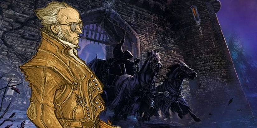The bespectacled Van Richten next to a horse-drawn carriage coming through a gate in Ravenloft.