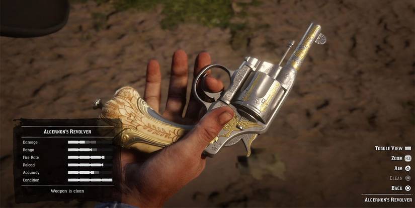 Arthur Morgan's hand holding Algernon's Revolver in RDR2.