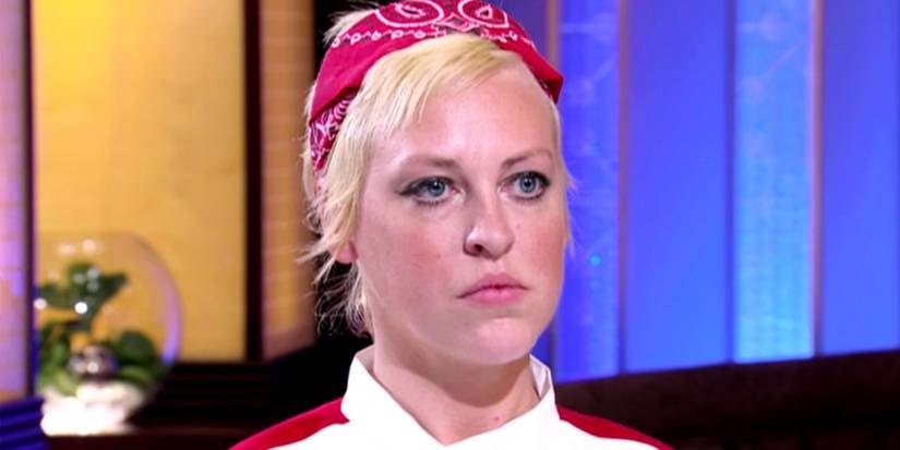 Jessica Vogel from Hell's Kitchen with serious expression in front of purple background