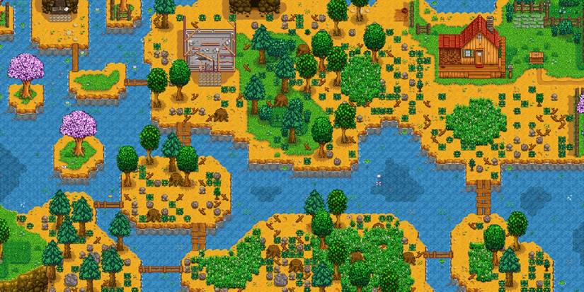 Планировка незастроенного участка фермы на берегу реки в Stardew Valley.