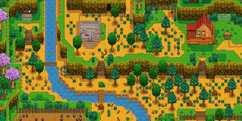 Планировка незастроенной поляны на вершине холма в Stardew Valley.