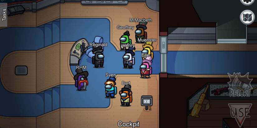 Several players in the airship map on Among Us.