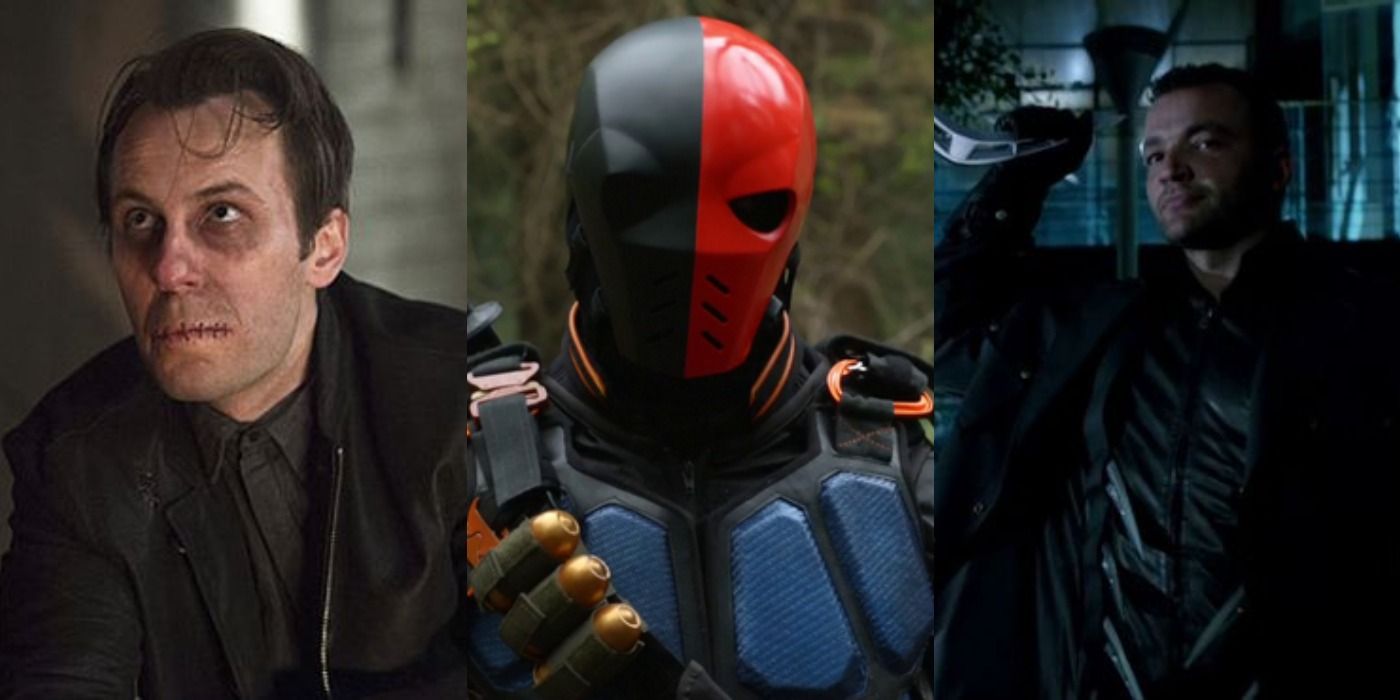 Split image of Murmur, Deathstroke, and Captain Boomerang from Arrow TV series