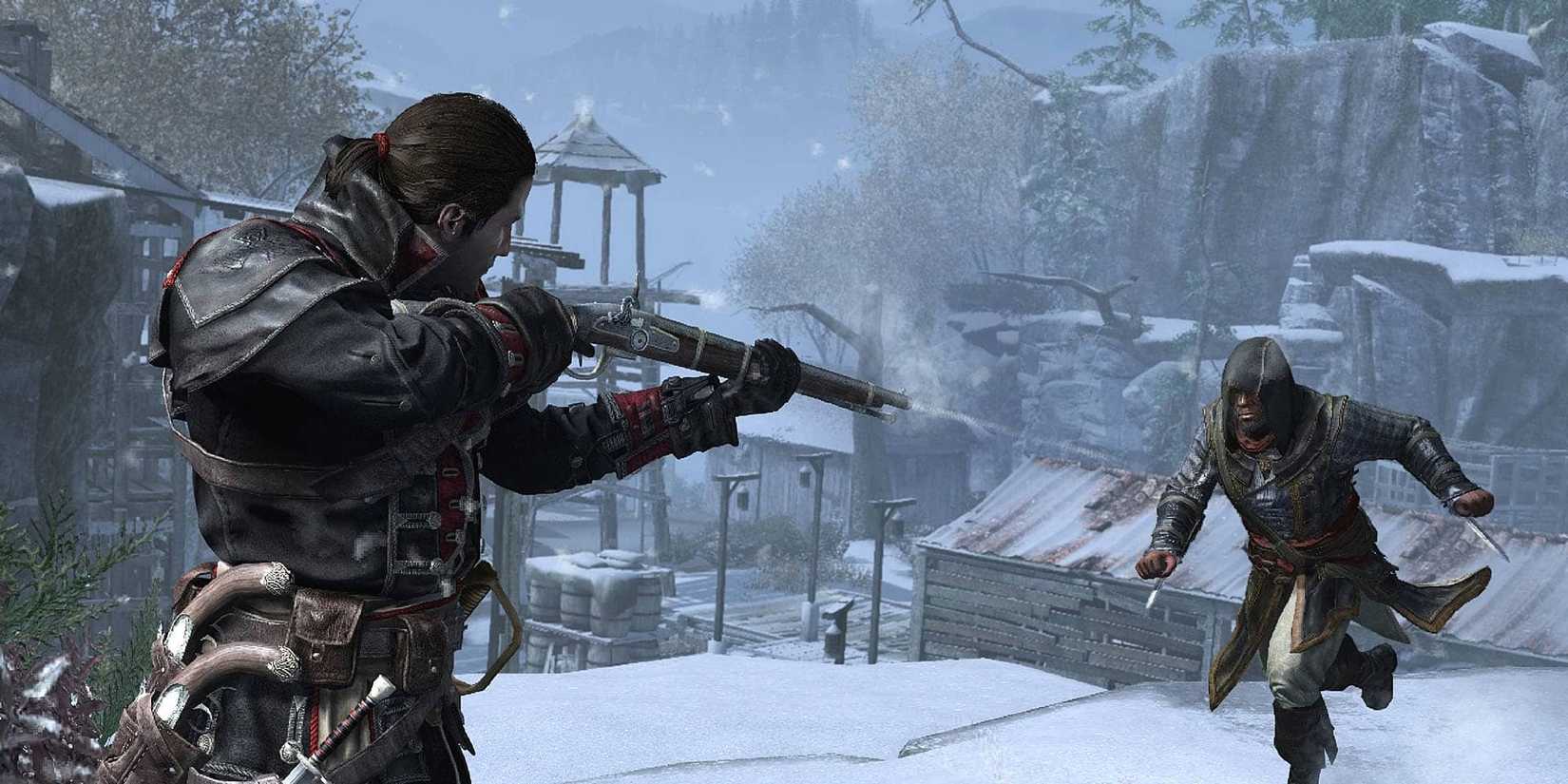 Assassin's Creed Rogue protagonist Shay Cormac firing a rifle at an Assassin in a snowy landscape.