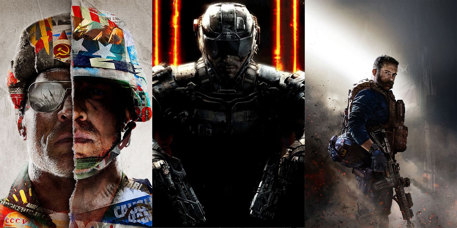 Three different Call of Duty box art characters lined up next to each other