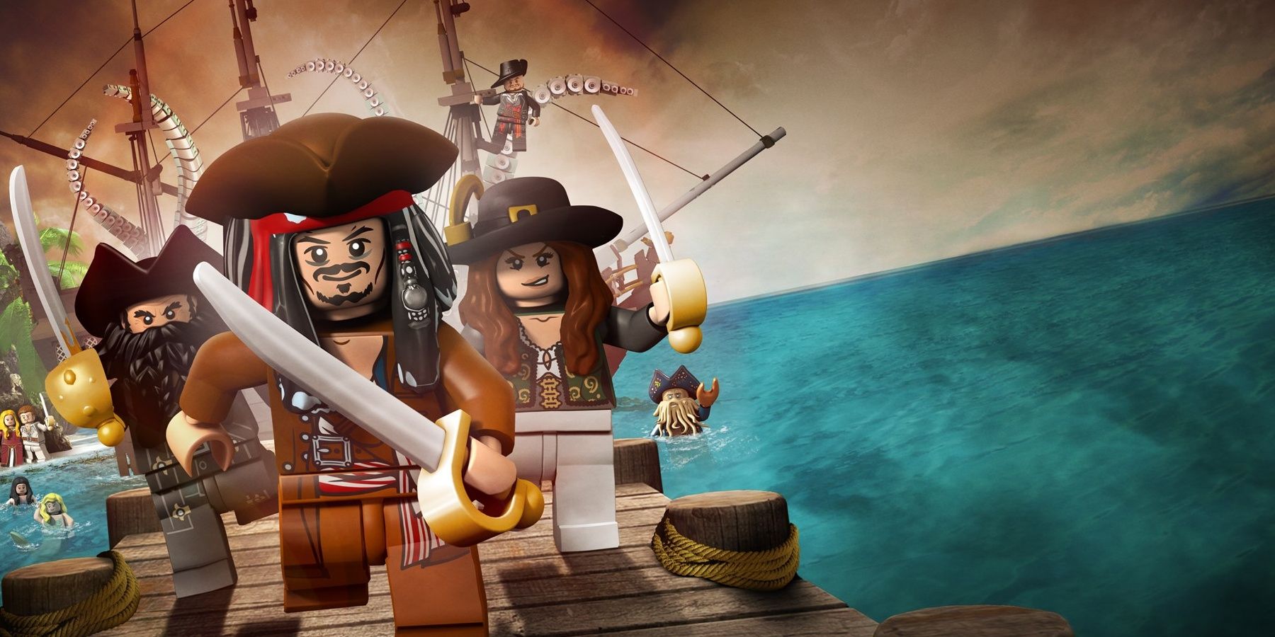 Promo image featuring Jack Sparrow, Blackbeard, and Angelica in LEGO Pirates Of The Caribbean: The Video Game
