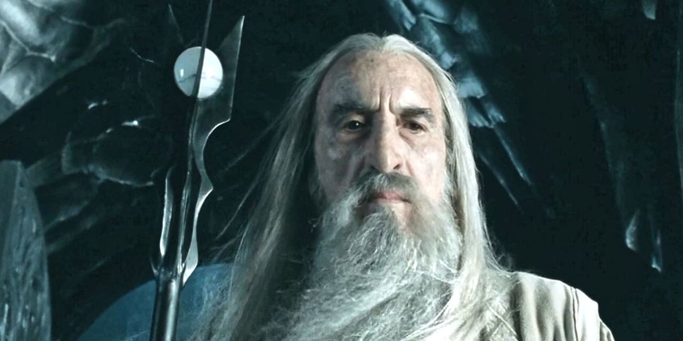 Saruman and his staff, shaped to resemble the tower of Orthanc