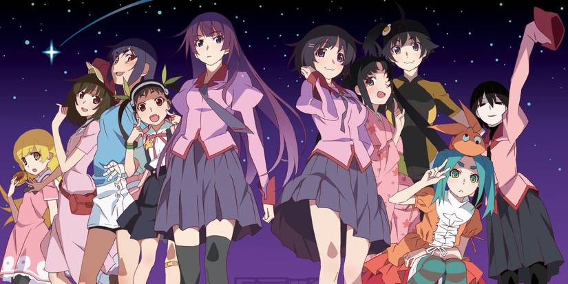 Monogatari series main female characters standing together with a starry night sky in the background.