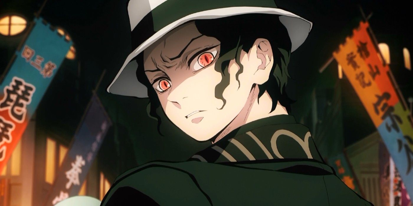 Muzan from Demon Slayer looking behind him while frowning.