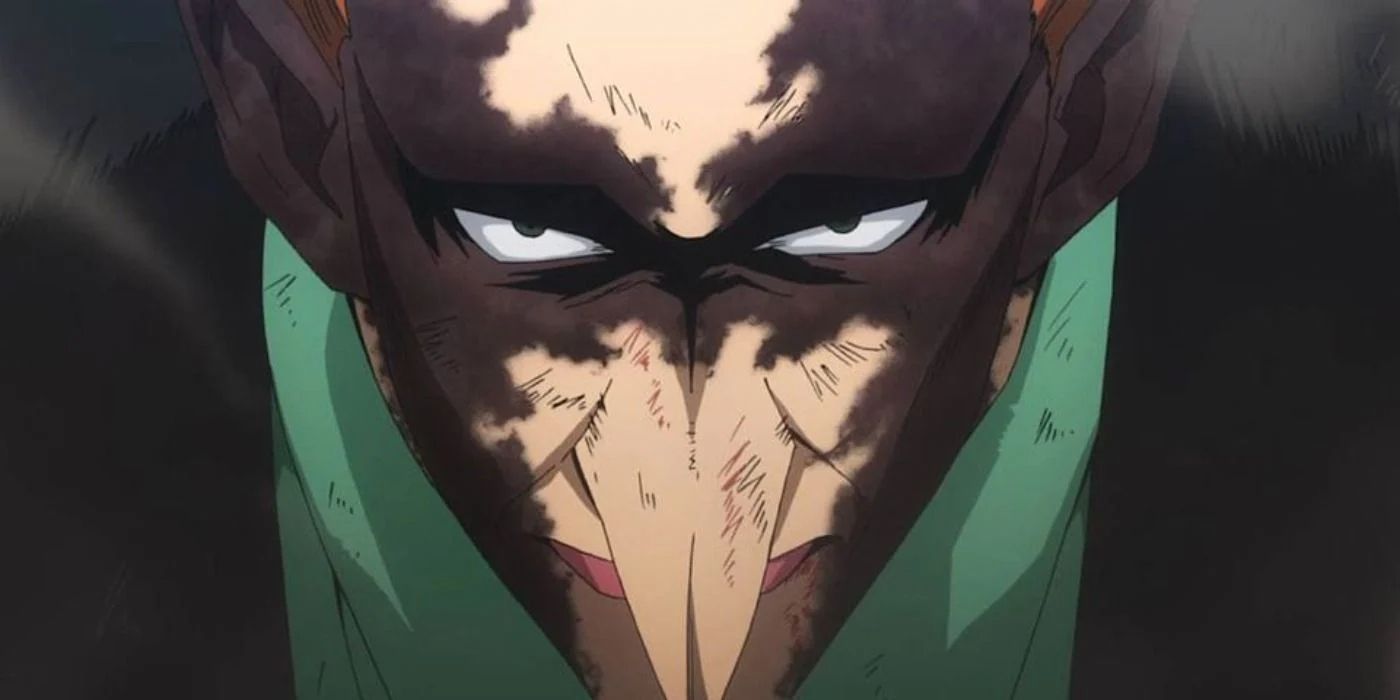 A close up of the My Hero Academia villain ReDestro.