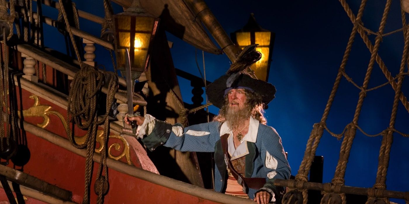 Barbossa on the Black Pearl on Pirates of the Caribbean Ride.
