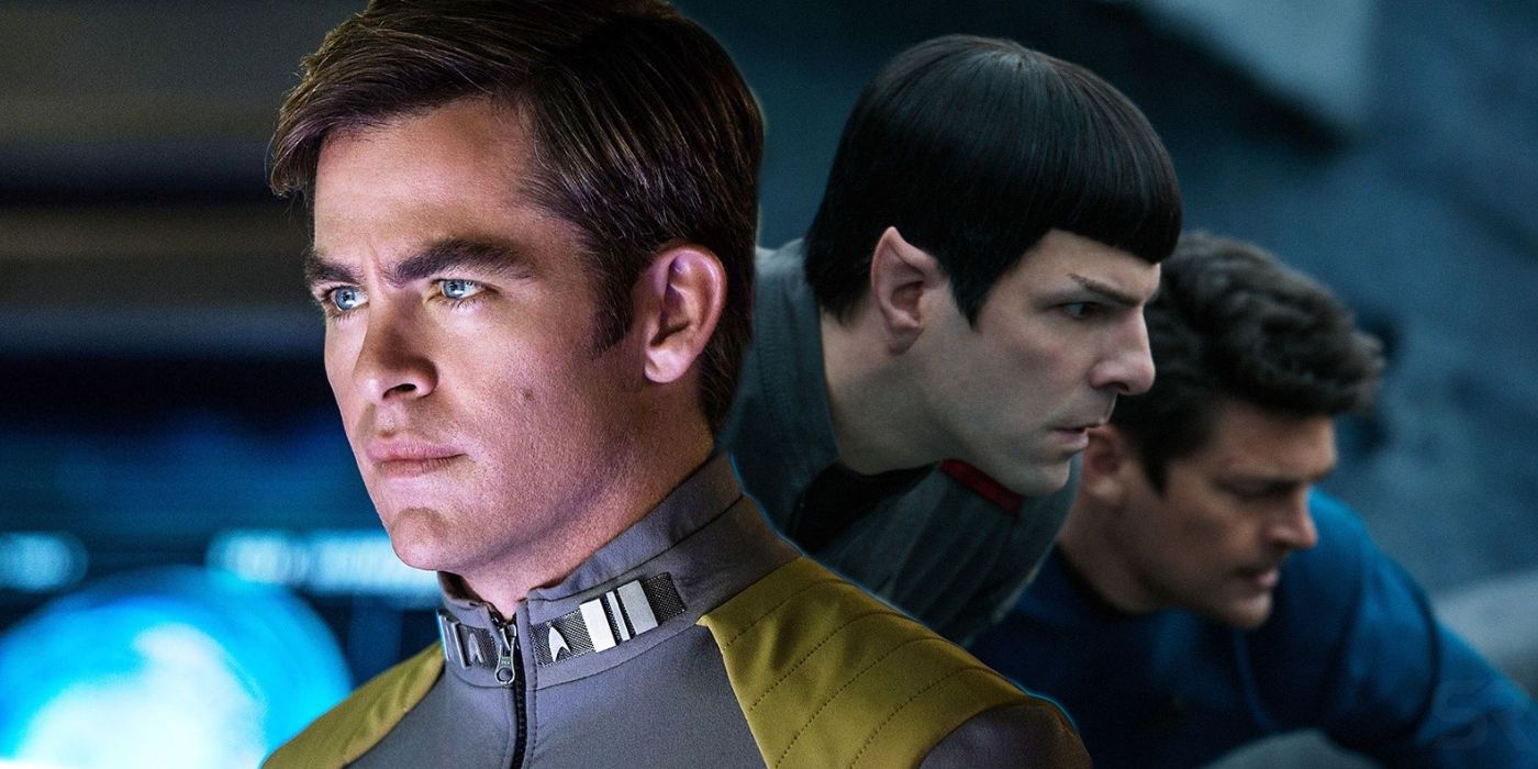 A composite image of Kirk looking on dramatically in front of Spock and McCoy huddled together in Star Trek Beyond