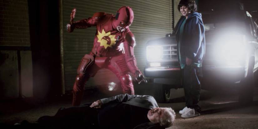Rainn Wilson as The Crimson Bolt attacks an enemy in Super (2010)