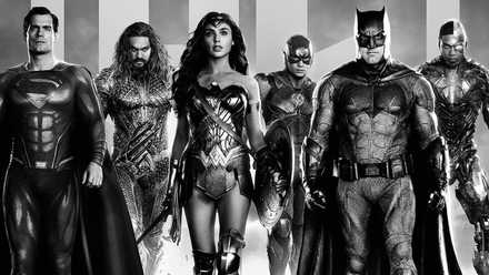 Poster from Zack Snyder's Justice League showing the team in black and white