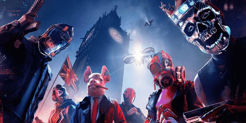 Promotional artwork for Watch Dogs: Legion. It depicts various characters wearing helmets and masks.