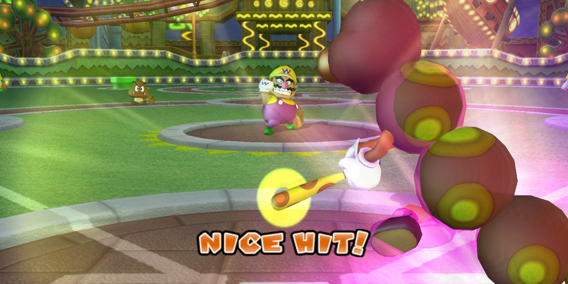 Wiggler hitting a home run in Mario Super Sluggers