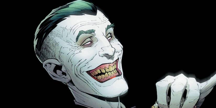 Joker laughing against a backdrop of darkness, from Batman: Endgame.