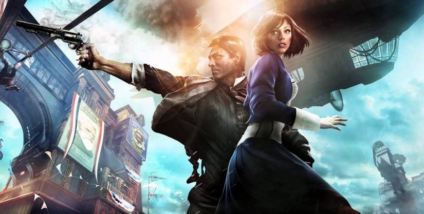 Booker aiming his gun as Elizabeth looks on