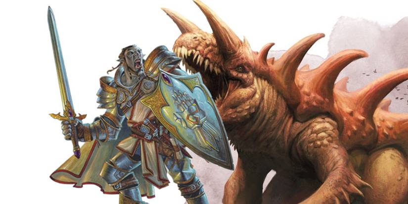 Artwork of a Dungeons & Dragons Paladin fighting a Tarrasque