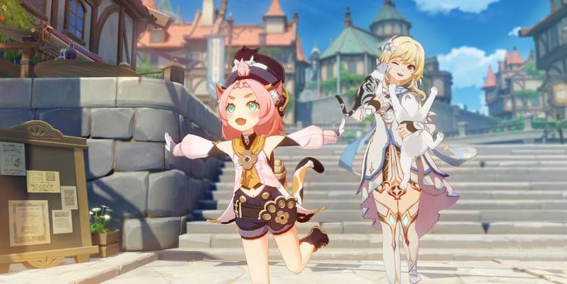 Genshin Impact Diona running with her arms outstretched while Lumine looks on.