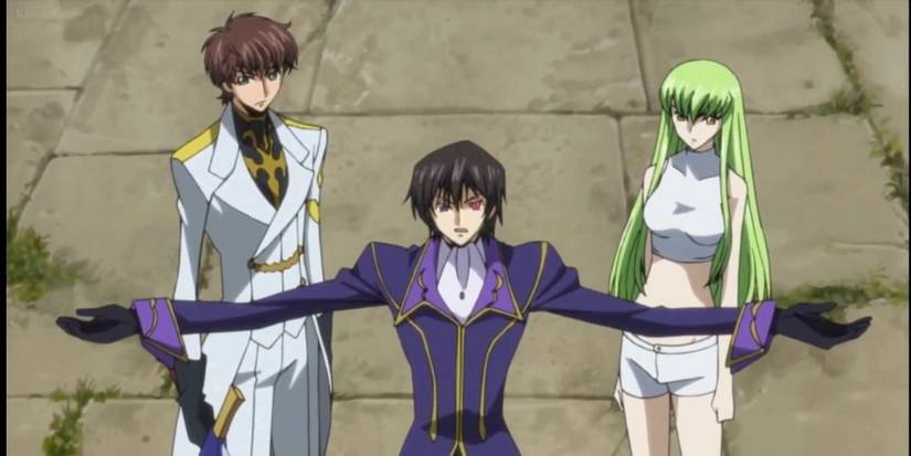 Lelouch with his arms spread out alongside, Charles, and Marianne in the Code Geass anime.