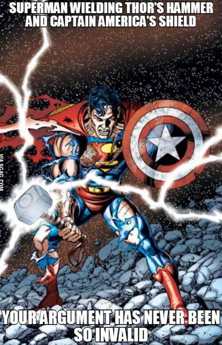 Meme featuring Superman holding Thors hammer and Captain Americas shoulder.jpeg?q=50&fit=crop&w=737&h=1142&dpr=1