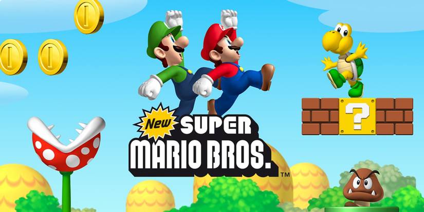Mario e Luigi pulando na tela de título de New Super Mario Bros. DS.
