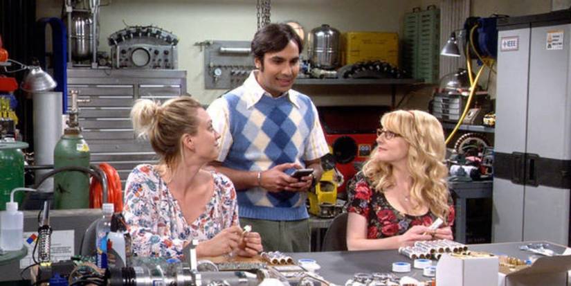 Penny, Raj, and Bernadette playing with solder.