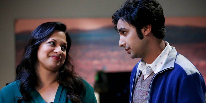 Raj and Anu smiling at each other in The Big Bang Theory