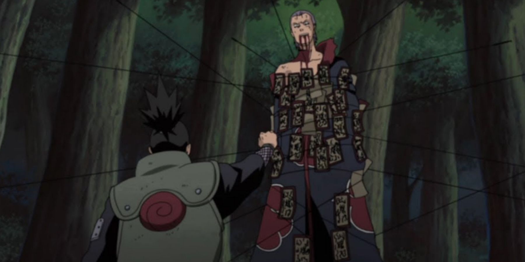 Shikamaru prende Hidan com cargas explosivas em Naruto Shippuden