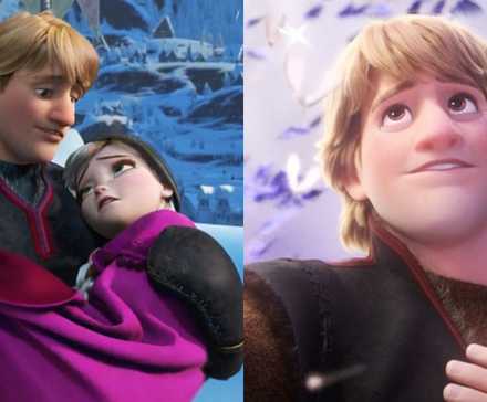 Рядом изображения Кристофа из "Холодного сердца", держащего Анну и смотрящего вверх, с рукой на груди